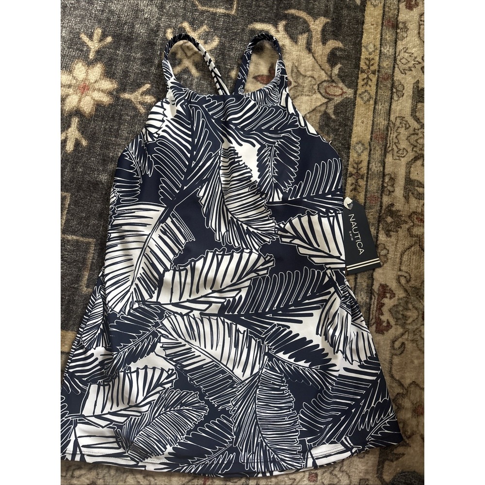 Nautica Womens Size Small High-Neck Tankini Top Navy Blue White Print